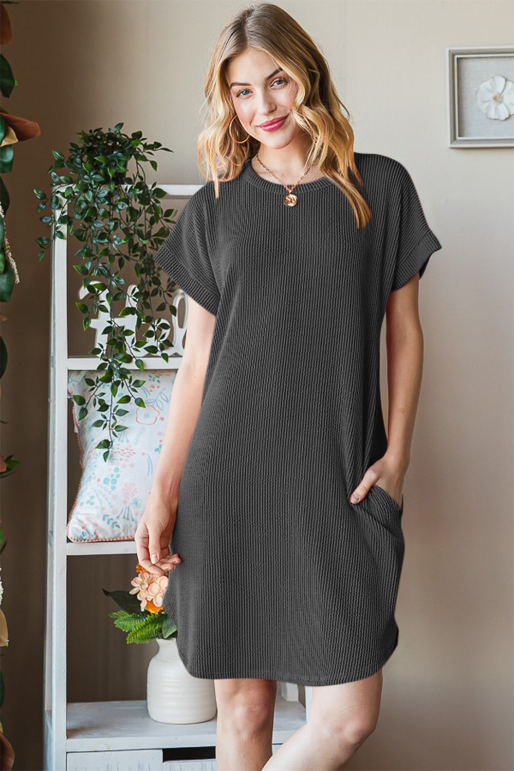 Blue Zone Planet | Heimish Full Size Ribbed Round Neck Short Sleeve Tee Dress BLUE ZONE PLANET