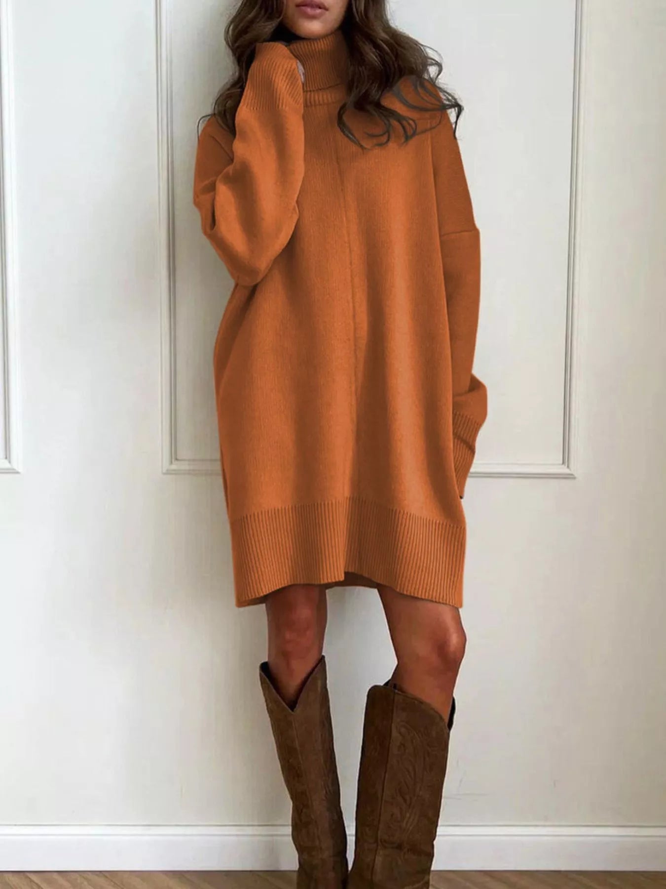 chinese dress ladies Solid Color Turtleneck Drop Shoulder Loose Sweater Dress by Blue Zone Planet