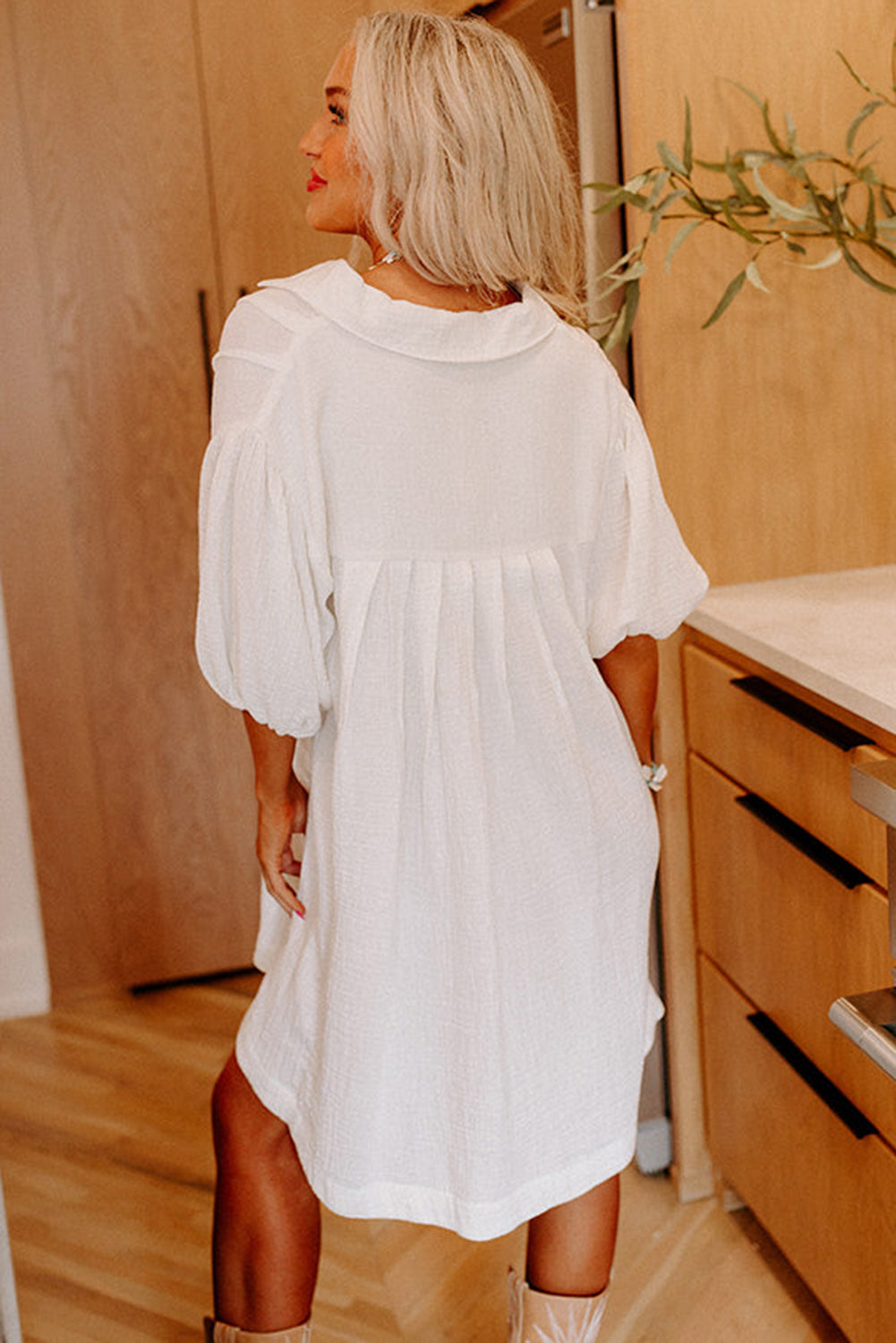 White Half Puff Sleeve Buttoned Shirt Mini Dress Blue Zone Planet