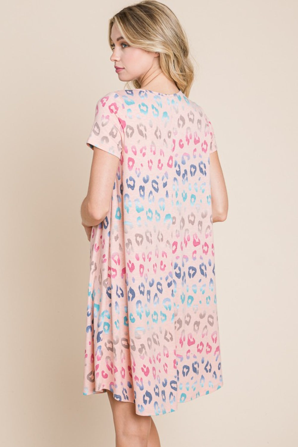 Blue Zone Planet | BOMBOM Leopard Round Neck Short Sleeve Dress BLUE ZONE PLANET