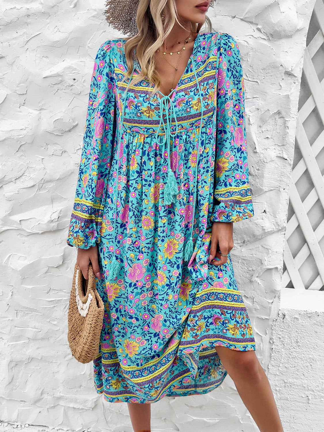 Raven's Tassel Tied Boho Printed Long Sleeve Midi Dress BLUE ZONE PLANET