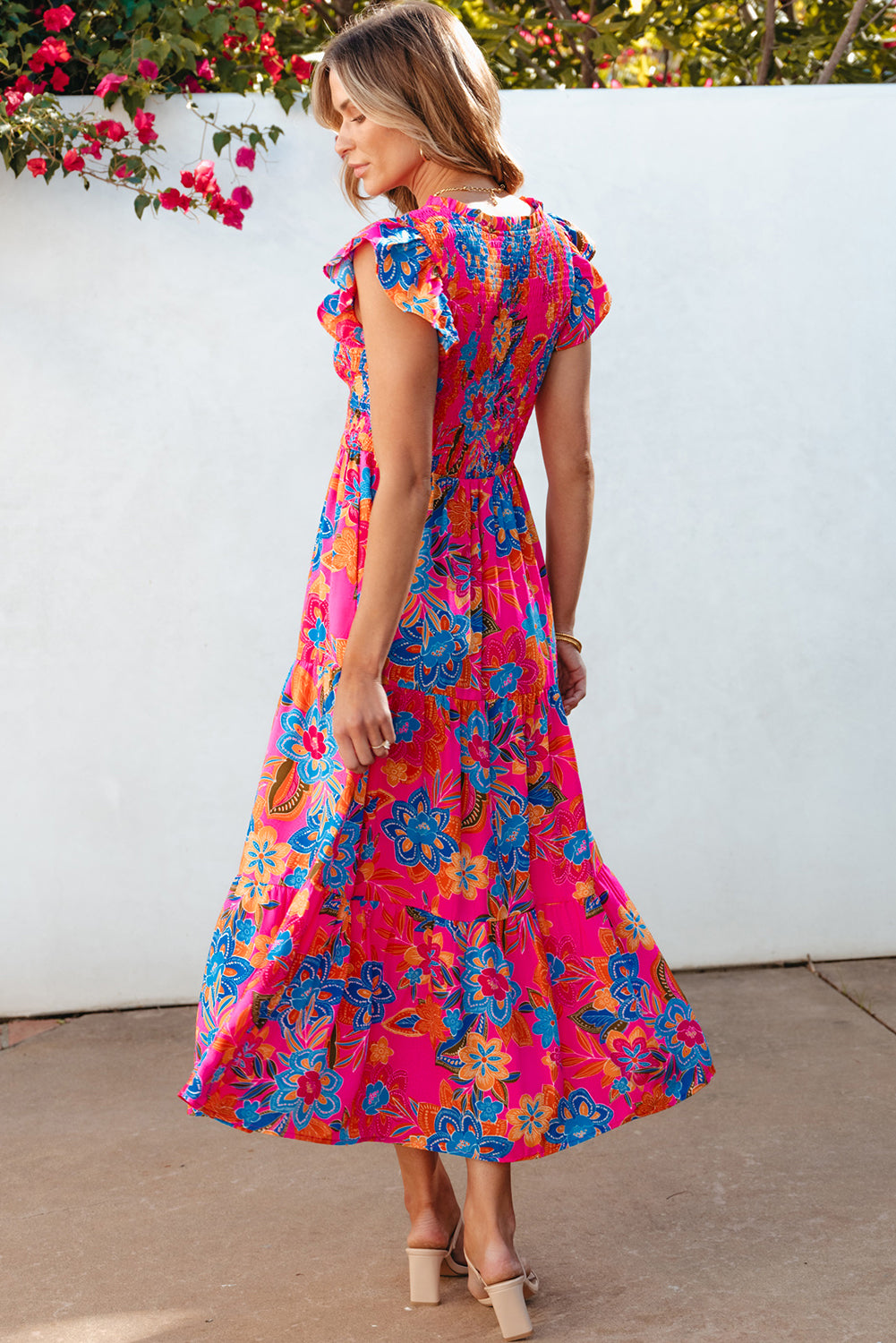 Blue Zone Planet | Dark Blue Boho Floral V Neck Ruffle Tiered Long Dress Blue Zone Planet