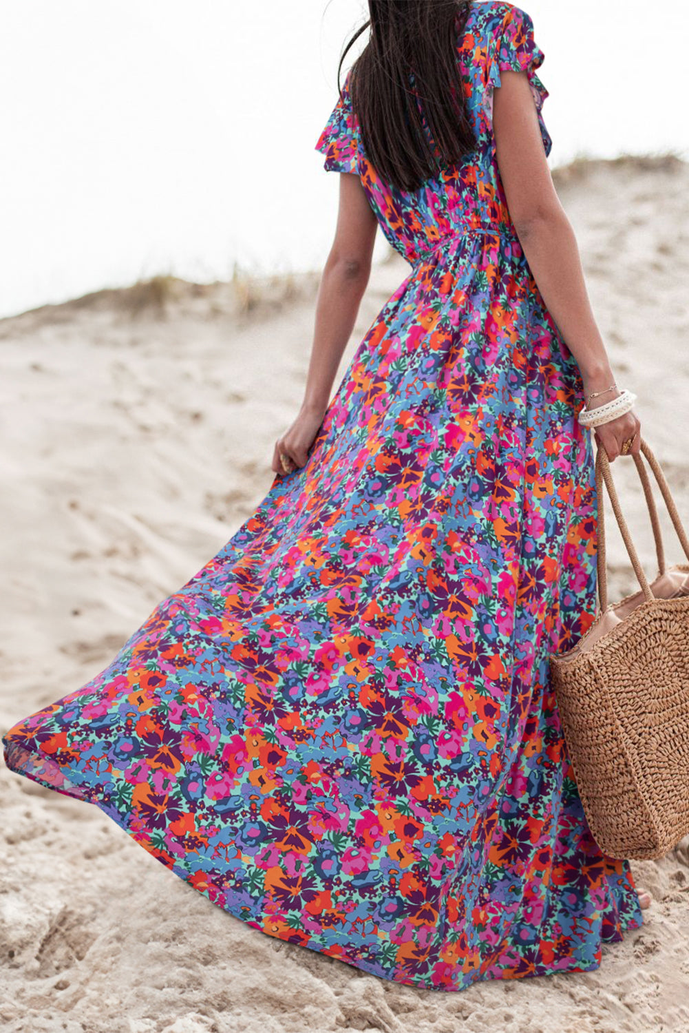 Blue Zone Planet | Blue Floral Print V Neck Wrap Split Maxi Dress Blue Zone Planet
