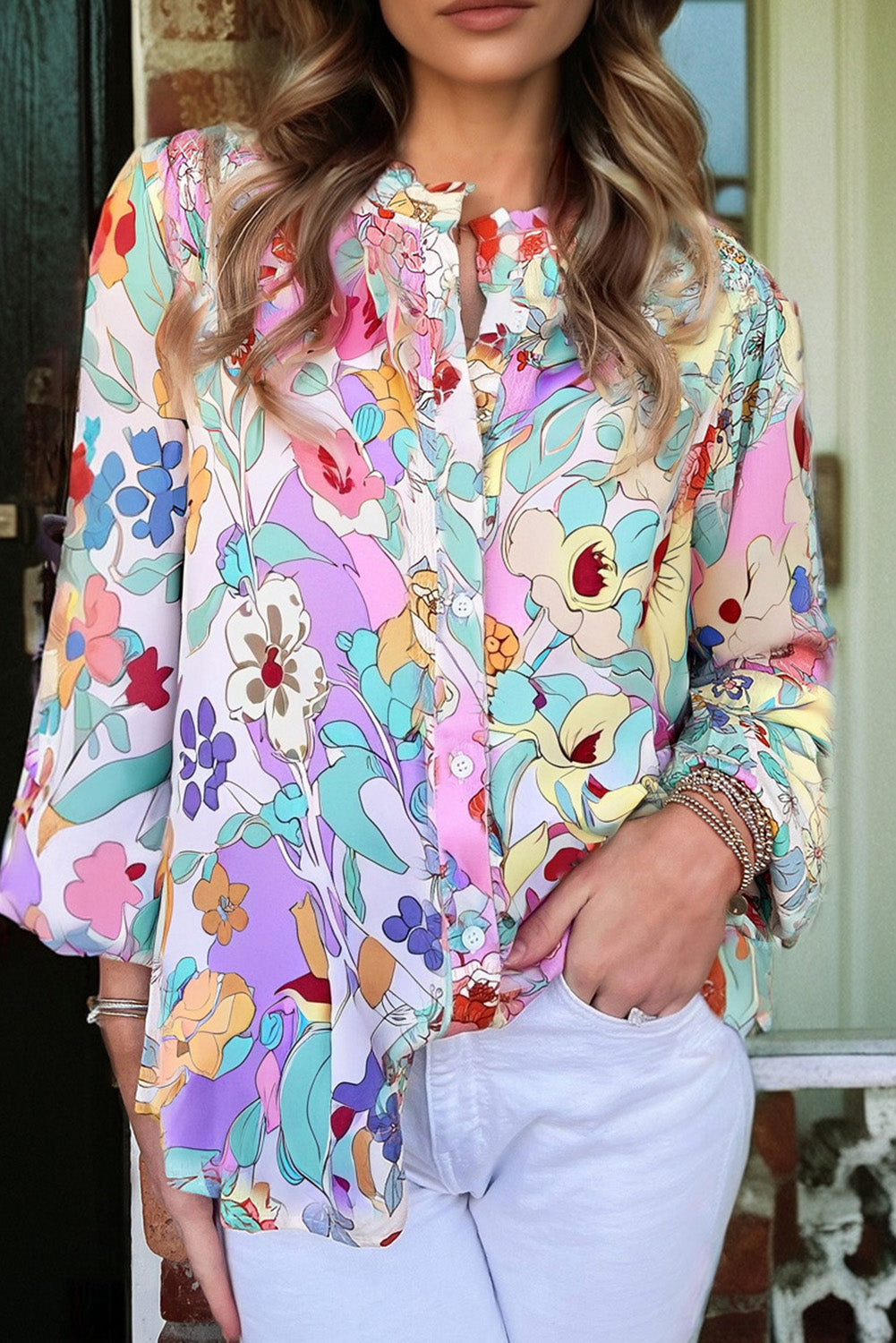 Pink Floral Print Patchwork Frilly Neckline Long Sleeve Shirt Pink / L / 100%Polyester