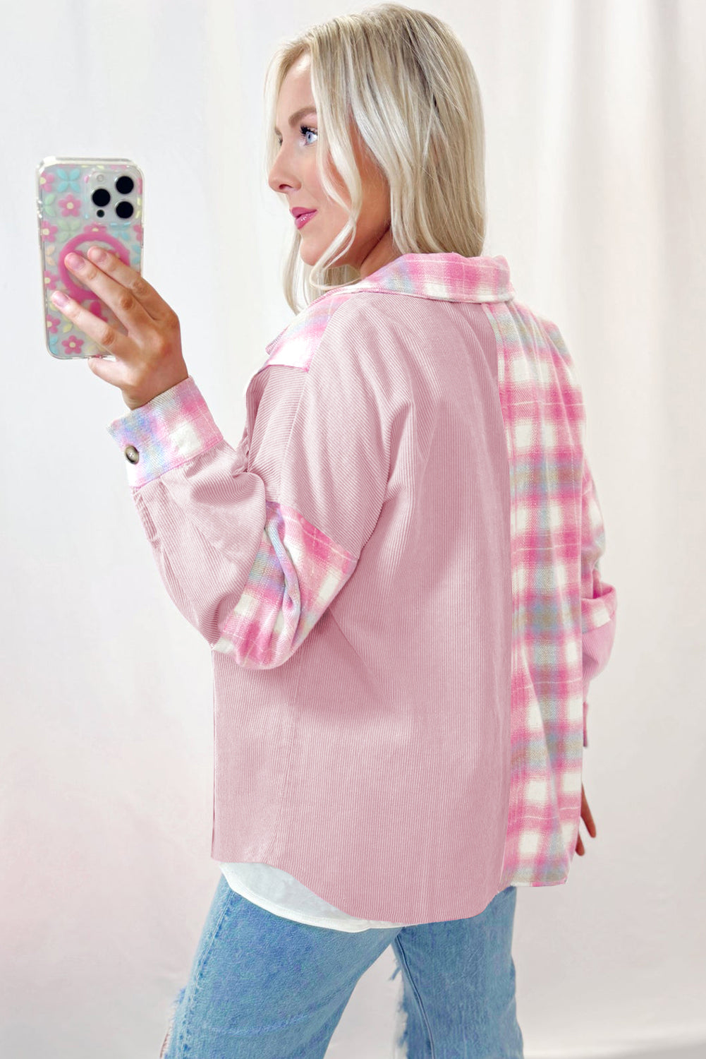 Pink Brushed Plaid Corduroy Flap Pockets Patchwork Shacket