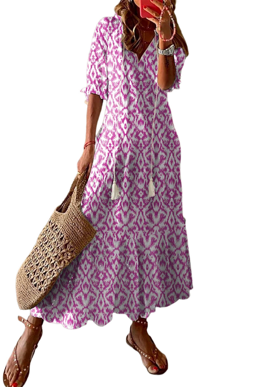 Blue Zone Planet | Sky Blue V Neck Geometric Print Maxi Dress Blue Zone Planet