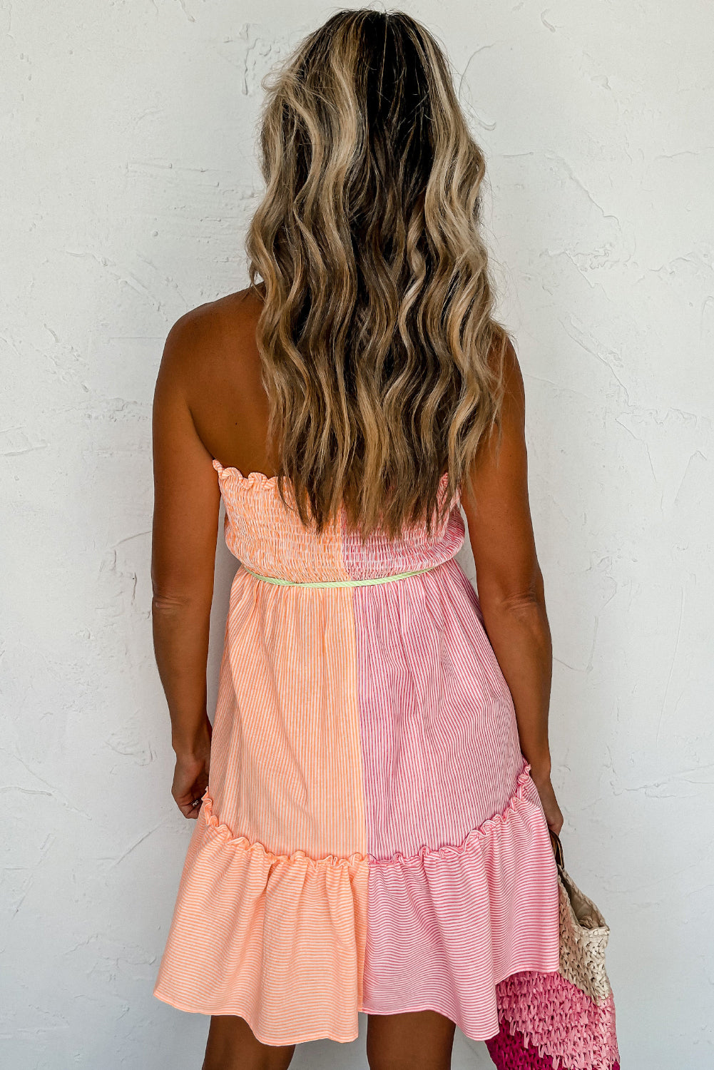 Blue Zone Planet | Pink Stripe Color Block Smocked Button Front Frilled Strapless Mini Dress Blue Zone Planet