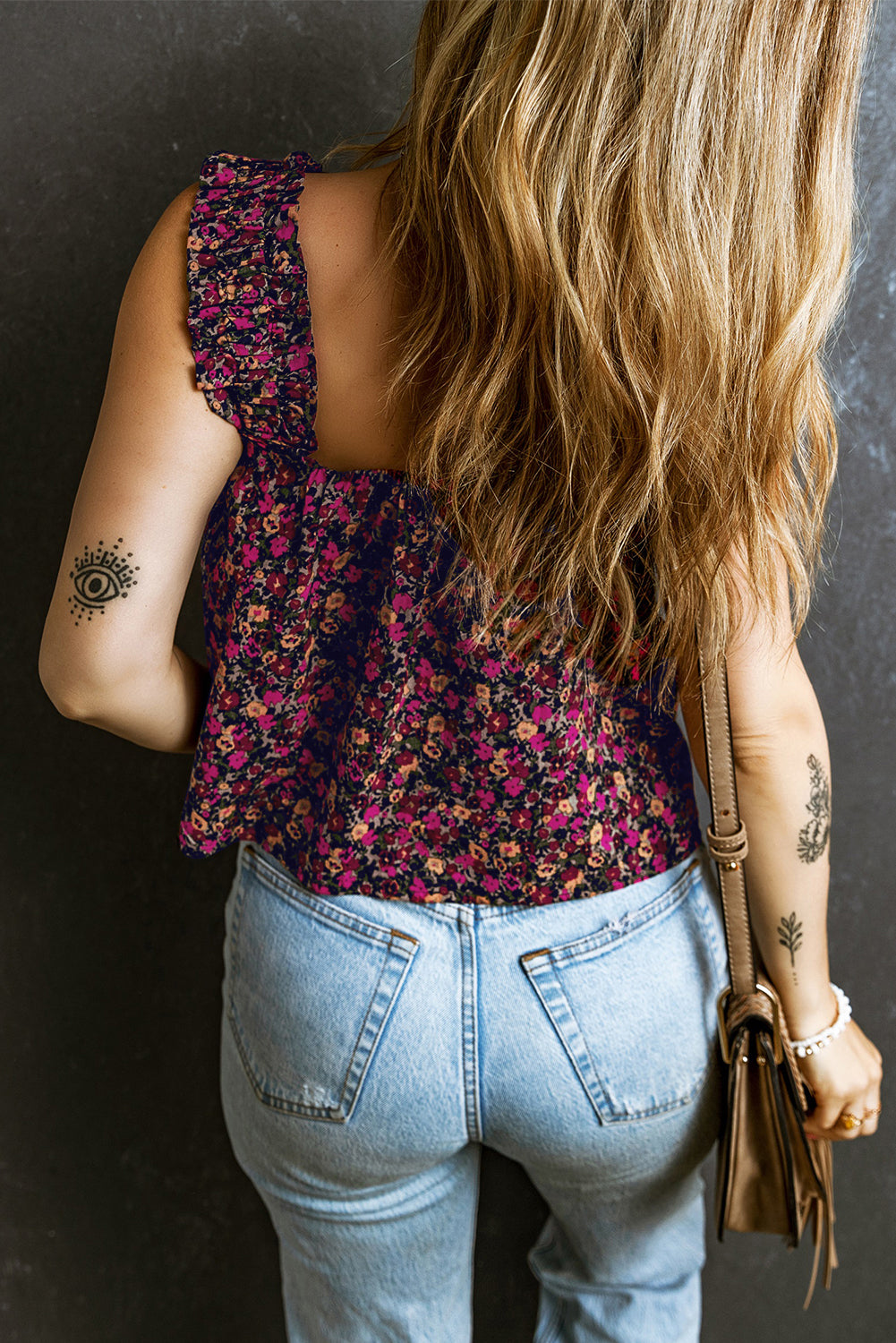 Blue Zone Planet | Rose Boho Frilled Straps Floral Tank Top Blue Zone Planet