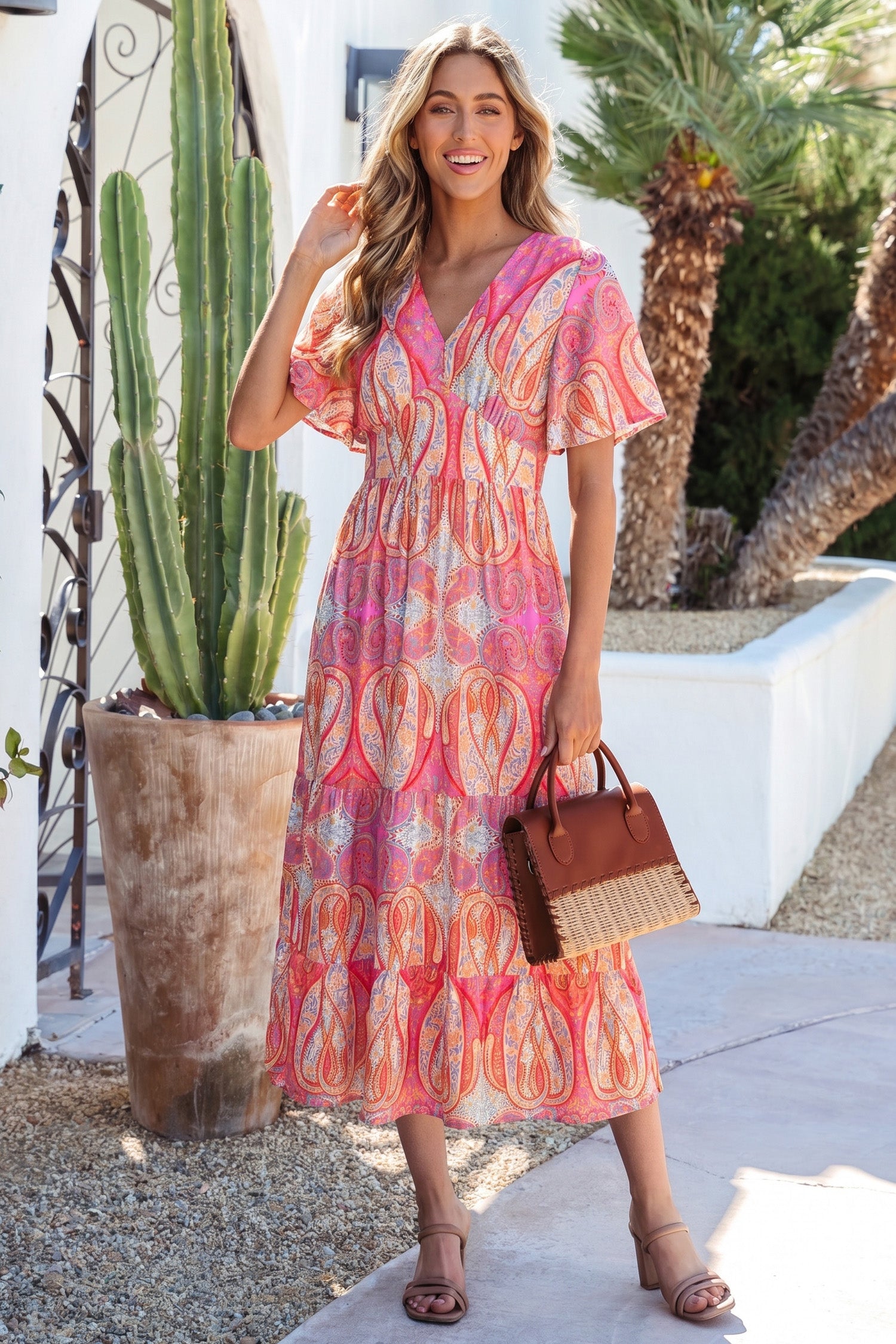 Multicolour Paisley Print V-Neck Short Sleeve Boho Maxi Dress with Ruffle Details Multicolour / XL / 82%Viscose+18%Polyamide by Blue Zone Planet