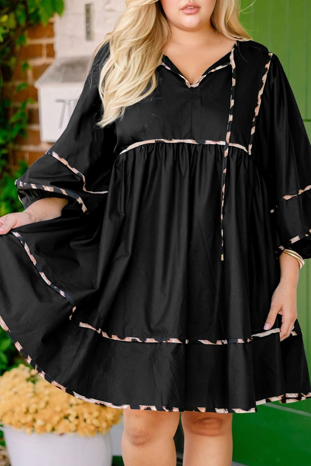 knee length dresses for ladies Blue Plus Size Floral Ruffled Long Sleeve Flowy Mini Dress Blue / 1x / 100%Viscose main image 1