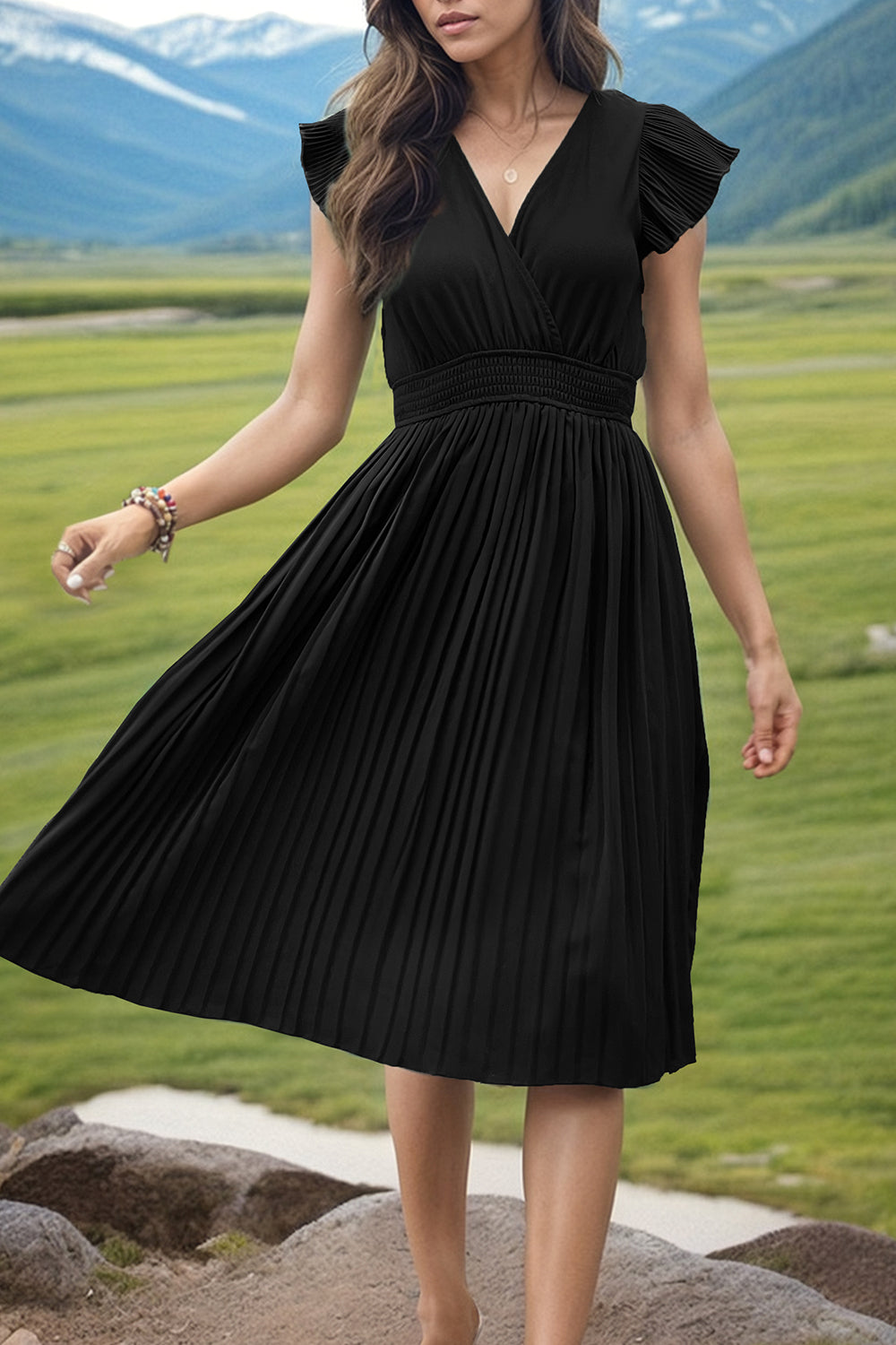Tied Smocked Waist Flutter Sleeve Dress BLUE ZONE PLANET