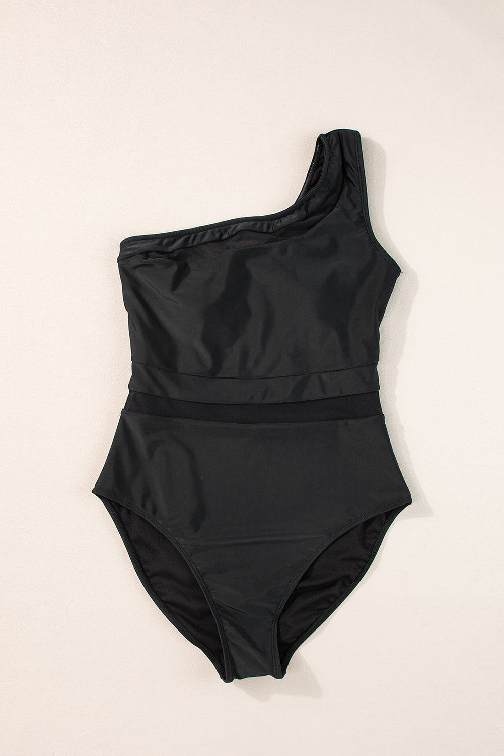 Blue Zone Planet | Black Mesh Insert One Shoulder High Waist Teddy Swimsuit Blue Zone Planet