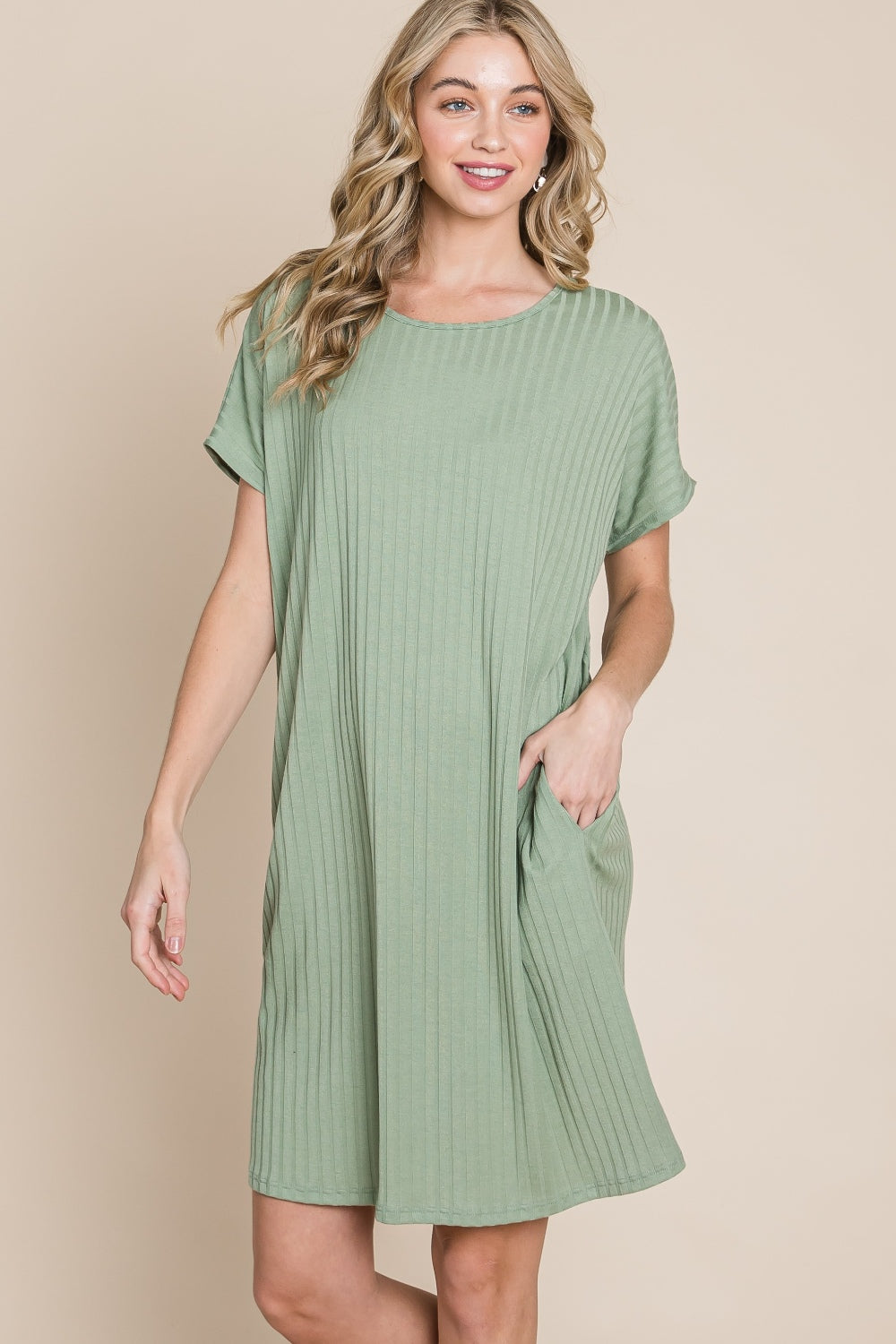 Blue Zone Planet | BOMBOM Ribbed Round Neck Short Sleeve Dress BLUE ZONE PLANET