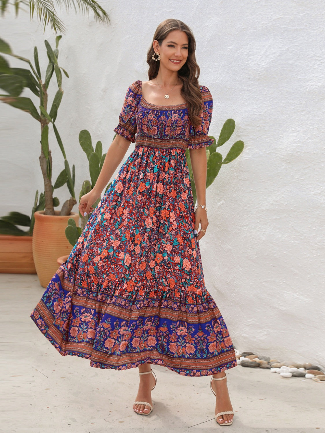 Blue Zone Planet | Floral Flounce Sleeve Midi Dress BLUE ZONE PLANET
