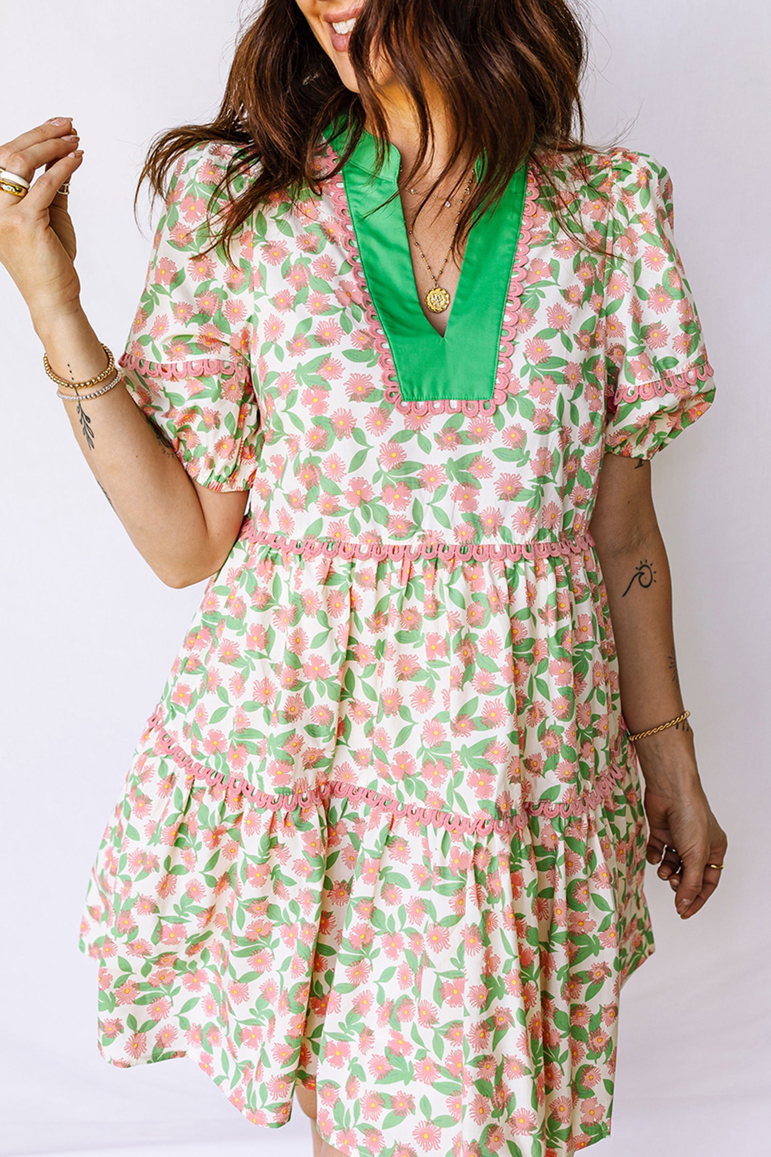 Sunny Angela Women's Floral Ricrac Trim Short Puff Sleeve A Line Mini Dress - Sunny Angela Green / S Sunny Angela Women's Floral Ricrac Trim Short Puff Sleeve A Line Mini Dress - Sunny Angela Green / S
