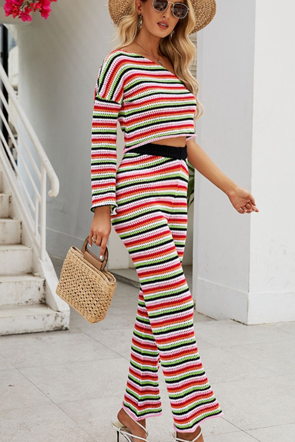 Blue Zone Planet | Striped Single Shoulder Top and Pants Knit Set BLUE ZONE PLANET
