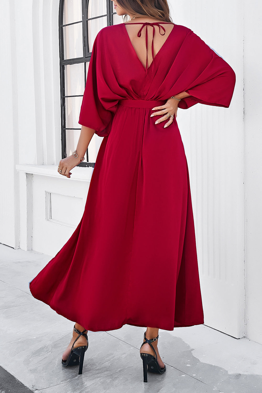 Slit Tied V-Neck Three-Quarter Sleeve Dress BLUE ZONE PLANET