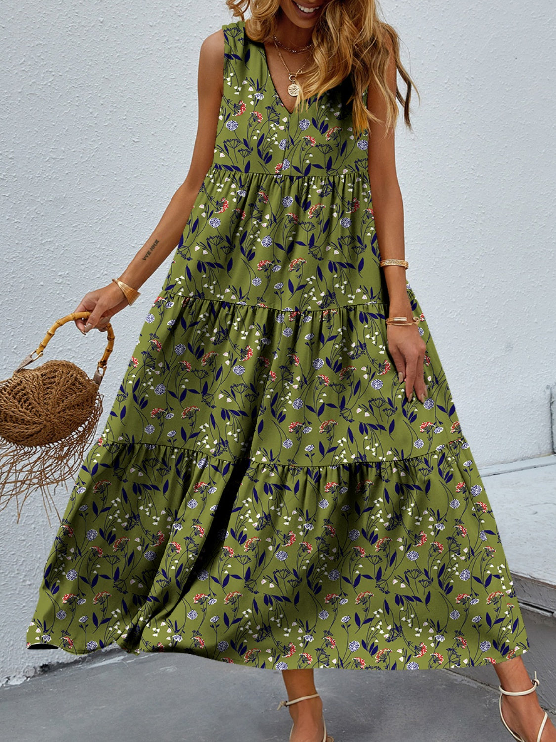 Tiered Printed V-Neck Sleeveless Dress BLUE ZONE PLANET