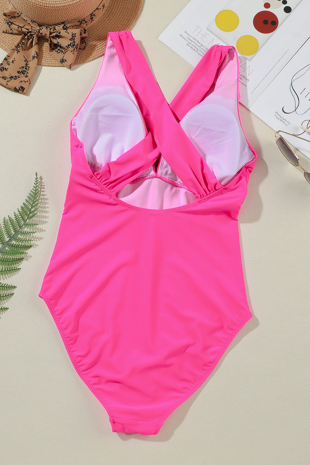 Blue Zone Planet | Rose Red Deep V Neck Crossover Backless Ruched High Cut Monokini Blue Zone Planet