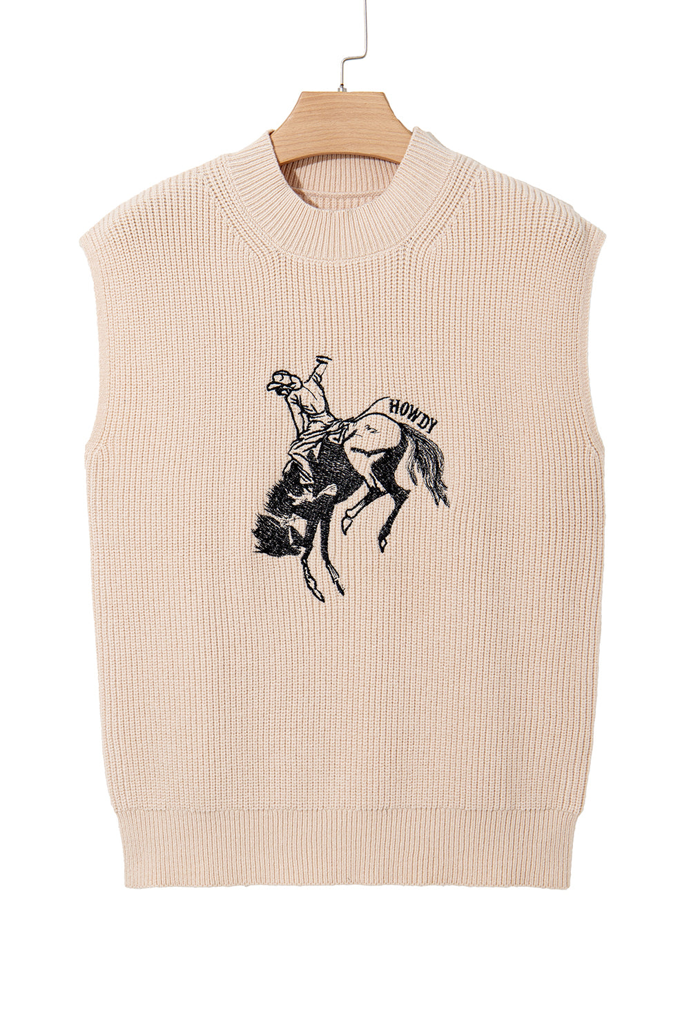 Oatmeal Howdy Rodeo Cowboy Graphic High Neck Short Sleeve Sweater
