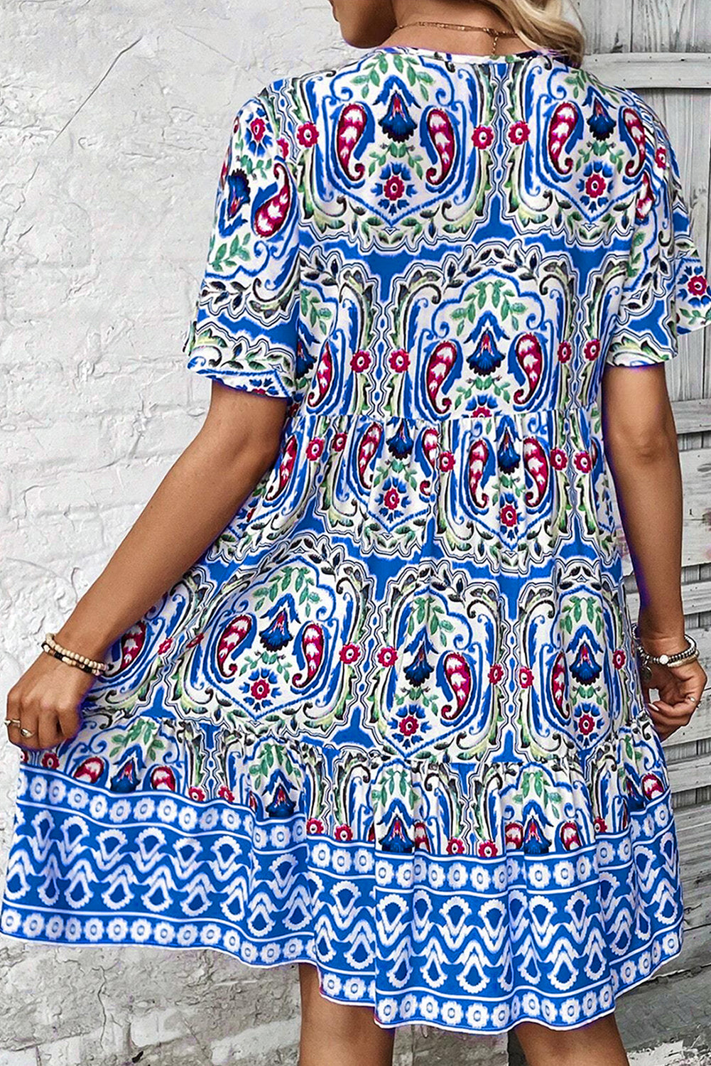 Blue Zone Planet | Sky Blue Bohemian Print Tie Neck Ruffle Hem Short Dress Blue Zone Planet