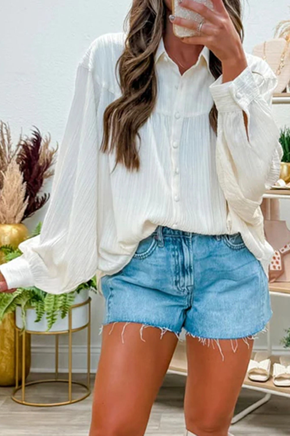 White Crinkled Texture Lantern Sleeve Button Down Loose Shirt White / S / 97%Polyester+3%Elastane by Blue Zone Planet