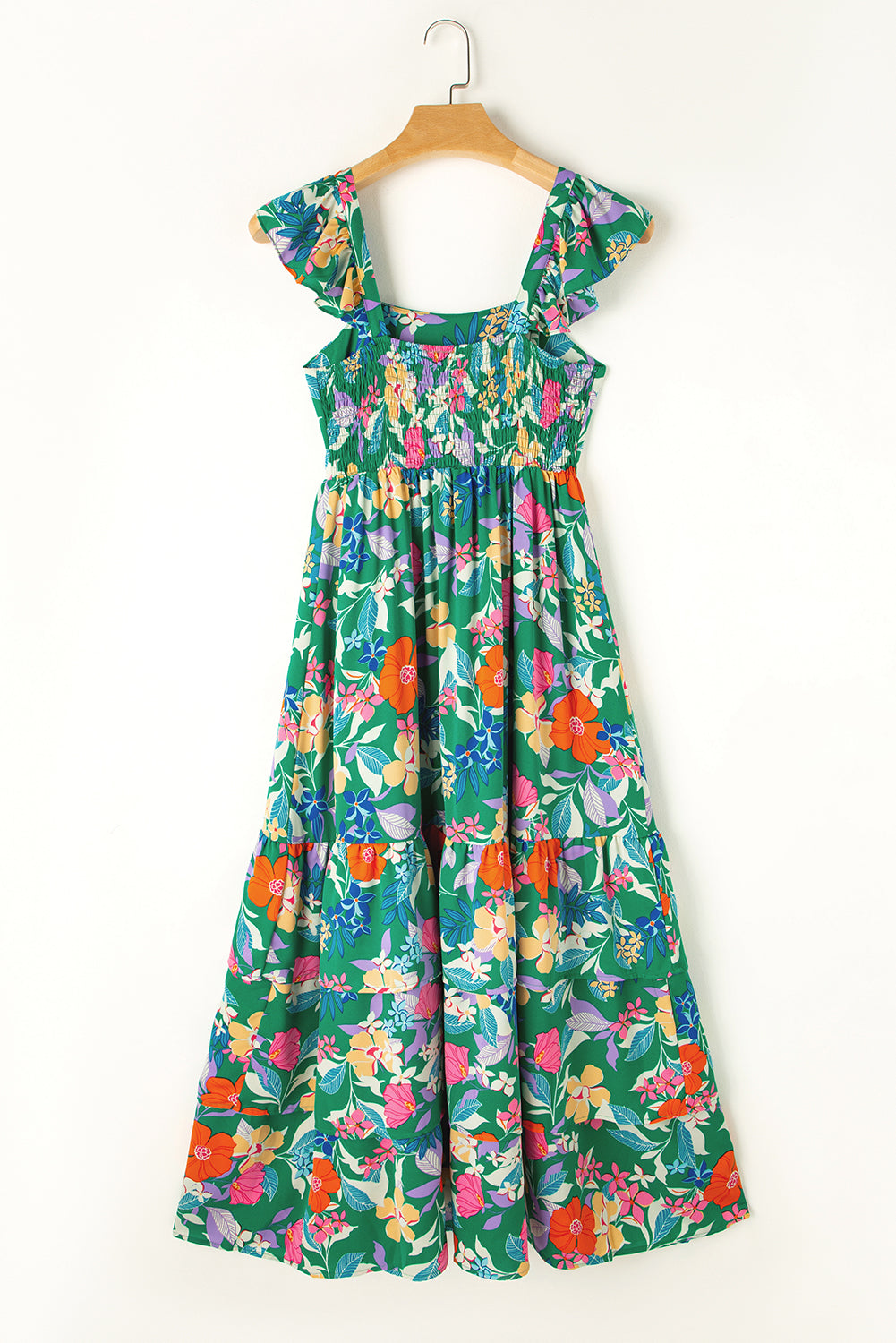 Blue Zone Planet | Green Floral Print Sleeveless Ruffle Tiered Maxi Dress Blue Zone Planet