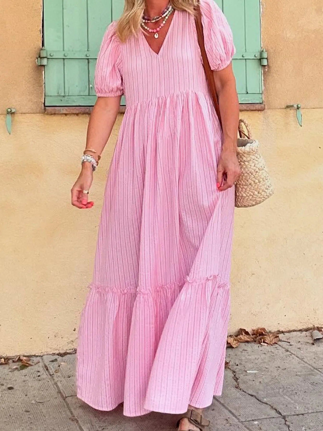 Striped Puff Sleeve V-Neck Maxi Dress Blue Zone Planet Striped Puff Sleeve V-Neck Maxi Dress Blue Zone Planet