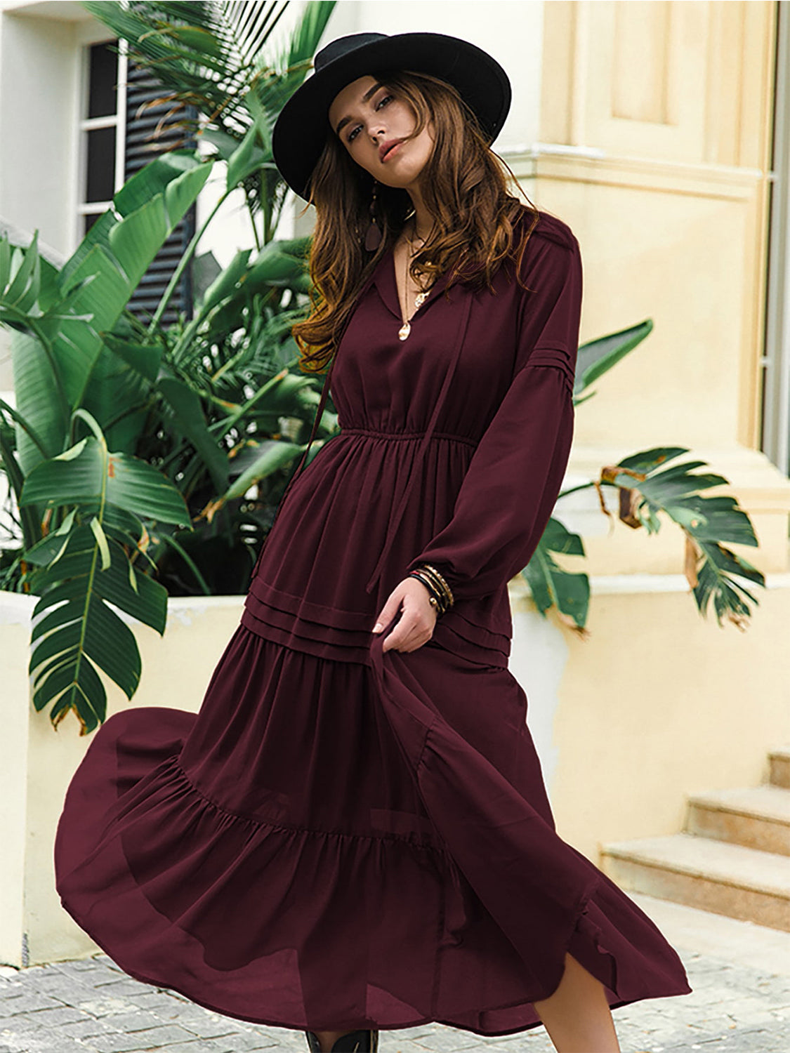 Tie Neck Long Sleeve Midi Tiered Dress BLUE ZONE PLANET