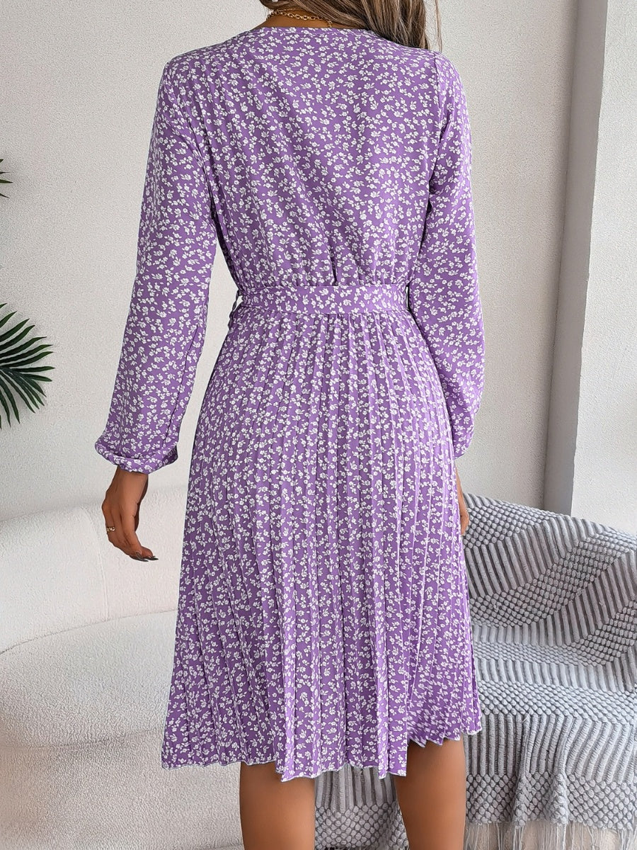 Ditsy Floral Tie Waist Pleated Dress BLUE ZONE PLANET