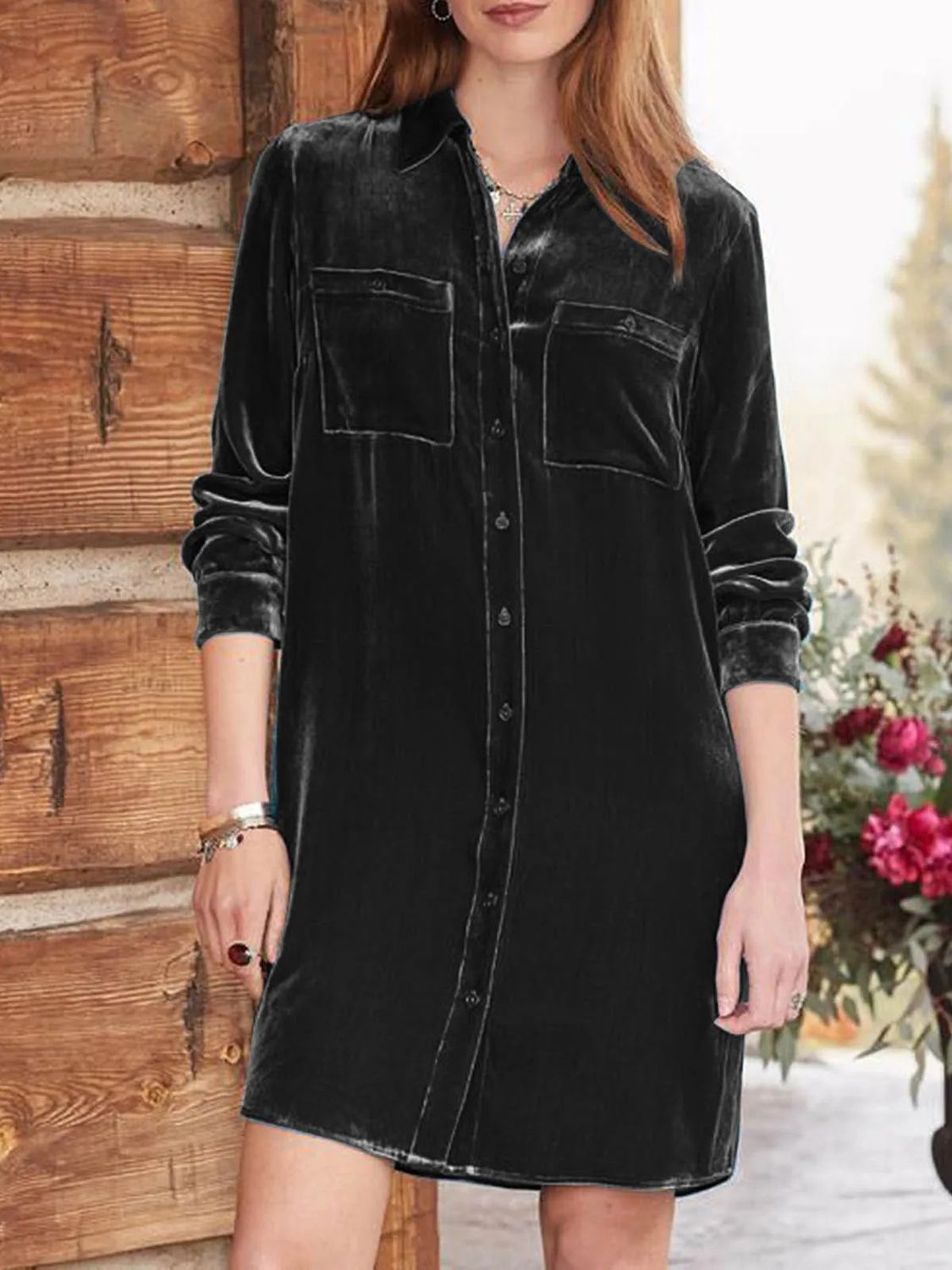 Zone Planet | High-Low Button Up Long Sleeve Knee Length Dress