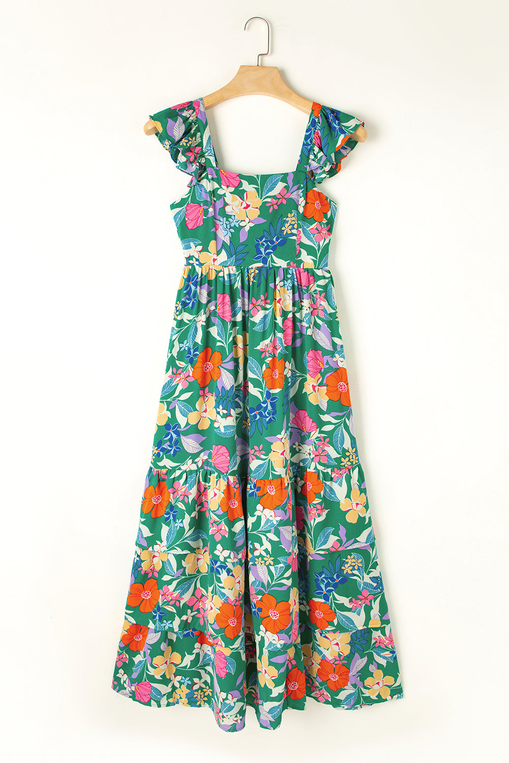 Blue Zone Planet | Green Floral Print Sleeveless Ruffle Tiered Maxi Dress Blue Zone Planet