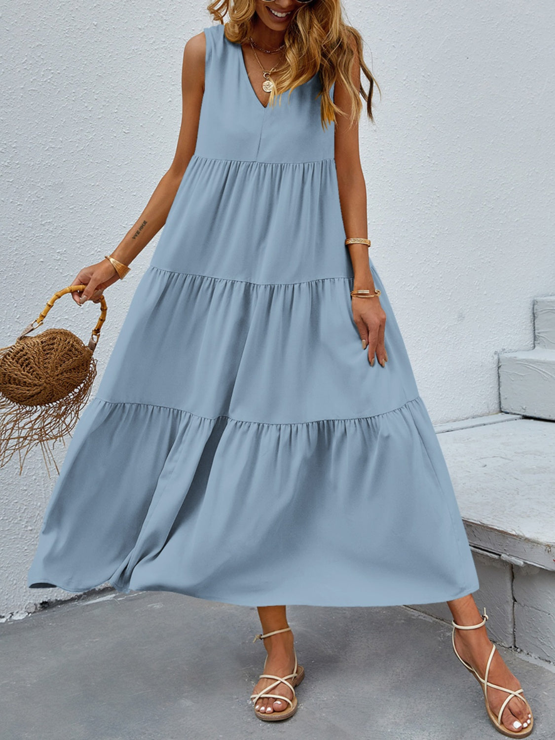 Tiered V-Neck Sleeve Dress BLUE ZONE PLANET