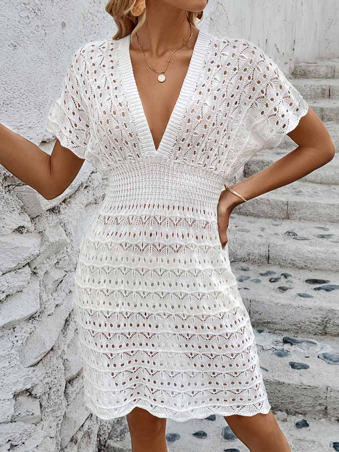 Blue Zone Planet | Openwork Plunge Short Sleeve Cover-Up Dress BLUE ZONE PLANET