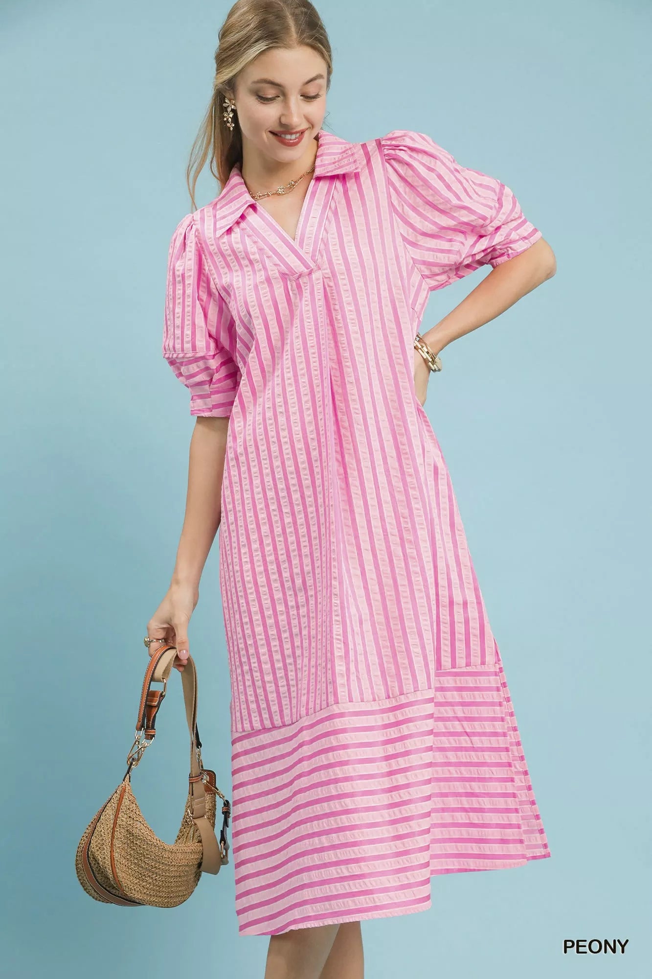 umgee fall dresses 2025 Striped Puff Sleeve Midi Dress PEONY / S flowy flutter sleeves Women's size:18 US women's numeric Bfcm24 A Line Delicated Lace