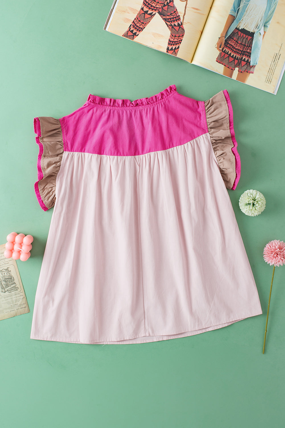 Blue Zone Planet | Mist Blue Colorblock Ruffled Sleeve Frill V Neck Blouse Blue Zone Planet