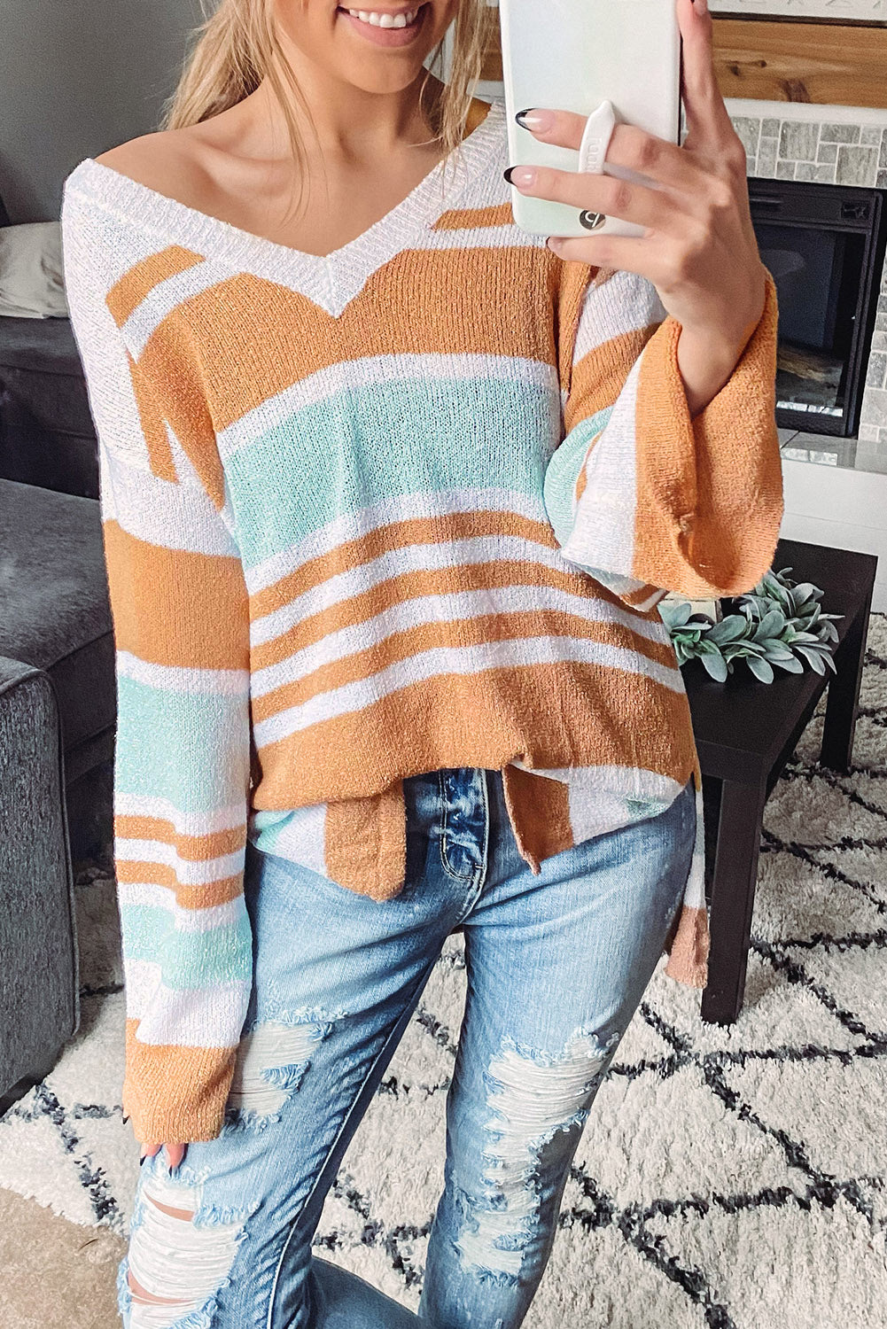 Multicolor Colorblock Stripe Long Sleeve Split Sweater Blue Zone Planet