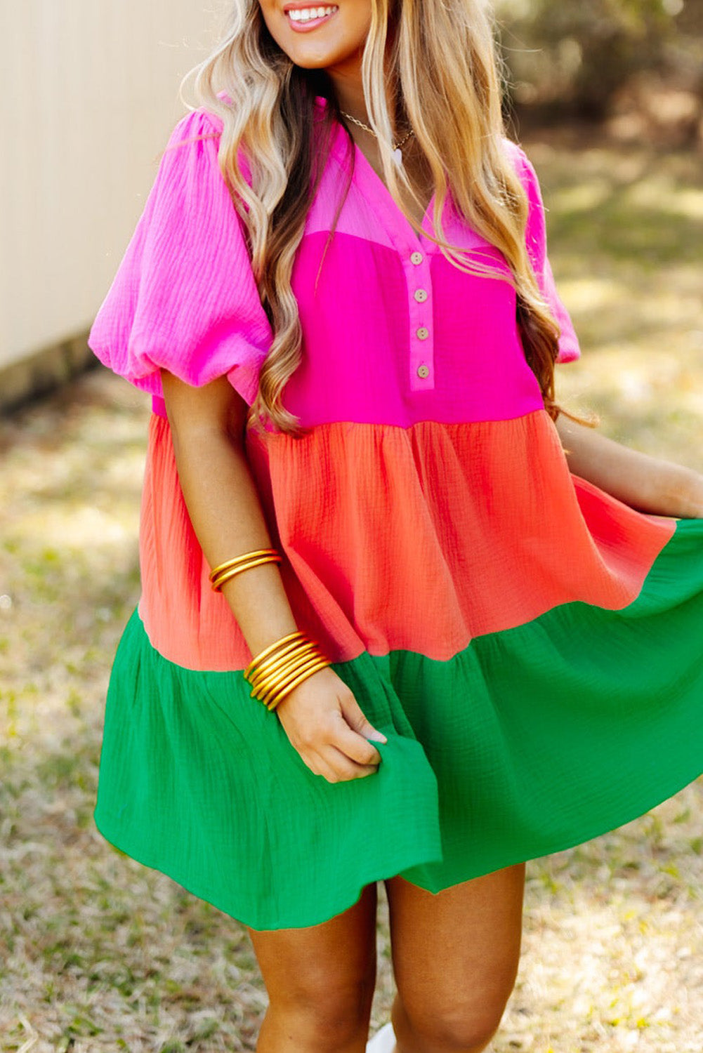 Blue Zone Planet | Multicolor Color Block Tiered Puff Sleeve Dress Blue Zone Planet