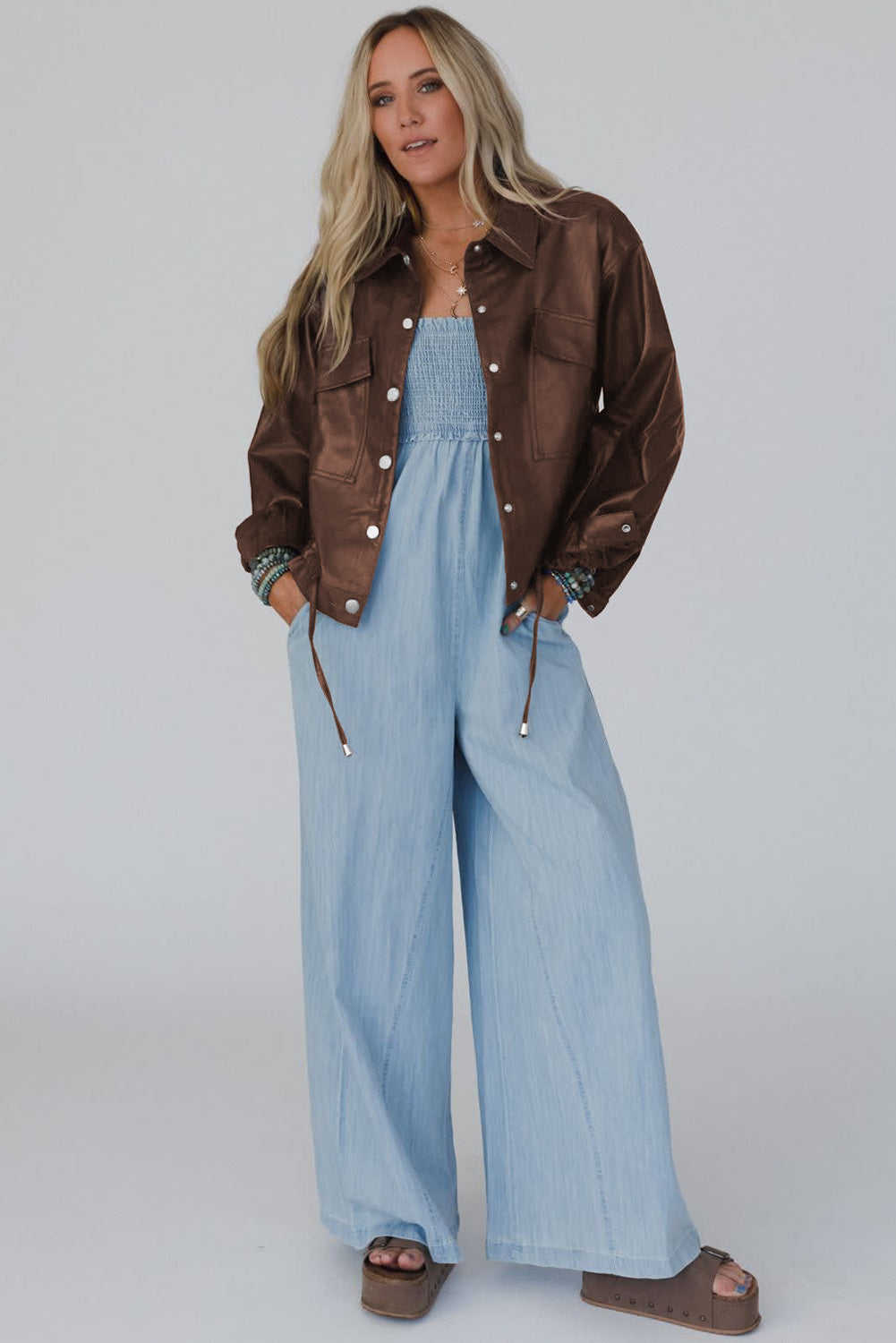 Chicory Coffee Double Flap Pocket Drawstring Hem Leather Jacket