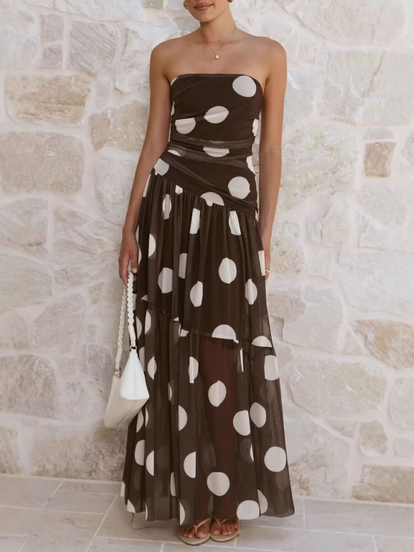 strapless brown polka dot dress Petal and Pup Women's Remmie Strapless Maxi Dress