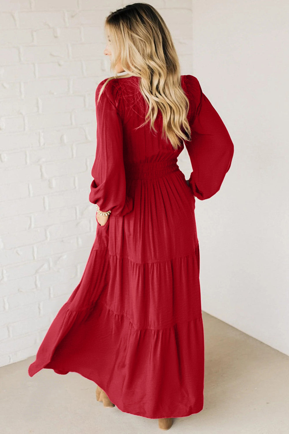 Racing Red Contrast Embroidered Detail Cinched Waist Tiered Long Sleeve Maxi Dress Racing Red / XL / 100%Polyester Racing Red Contrast Embroidered Detail Cinched Waist Tiered Long Sleeve Maxi Dress Racing Red / XL / 100%Polyester