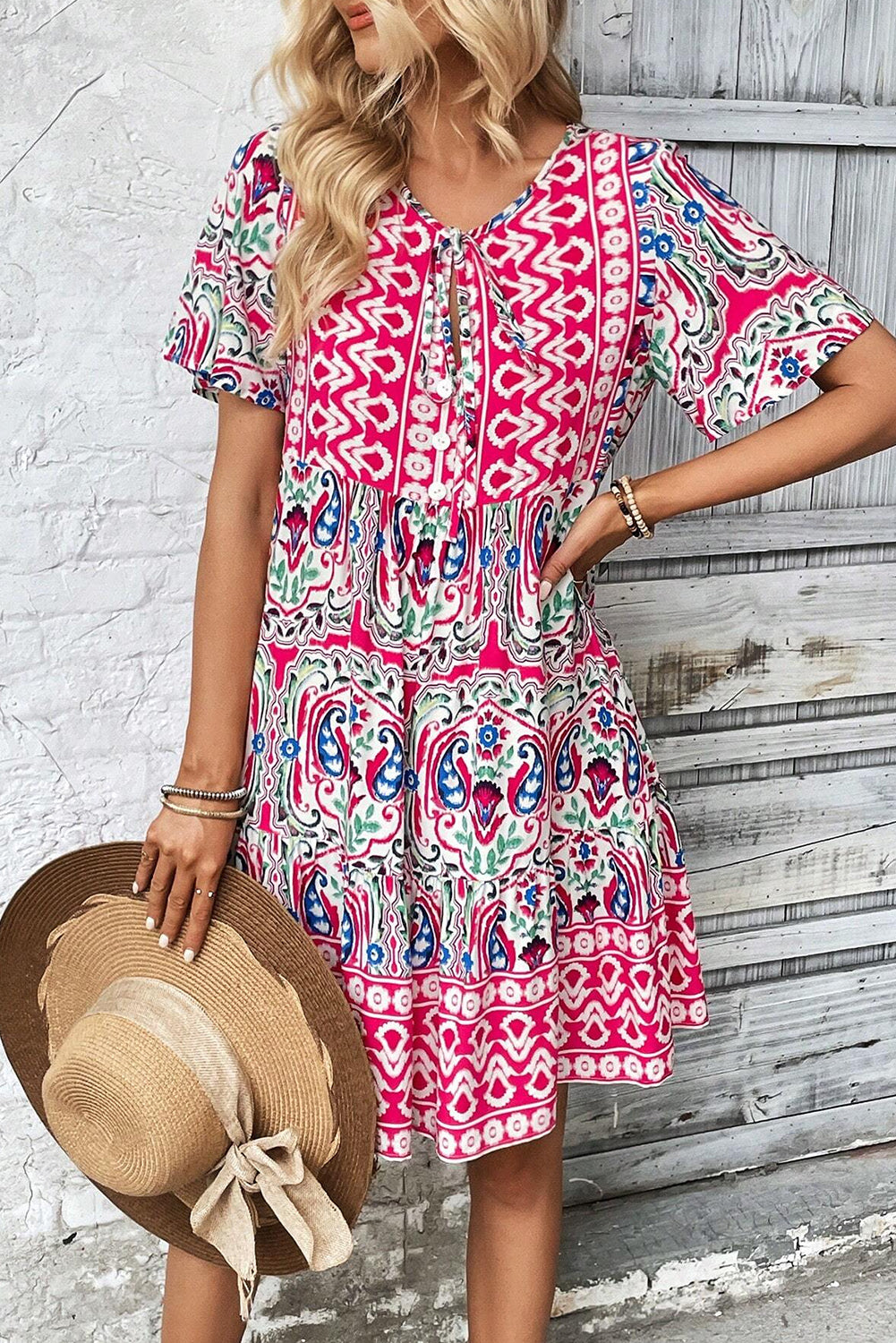 Blue Zone Planet | Pink Bohemian Print Tie Neck Ruffle Hem Short Dress Blue Zone Planet