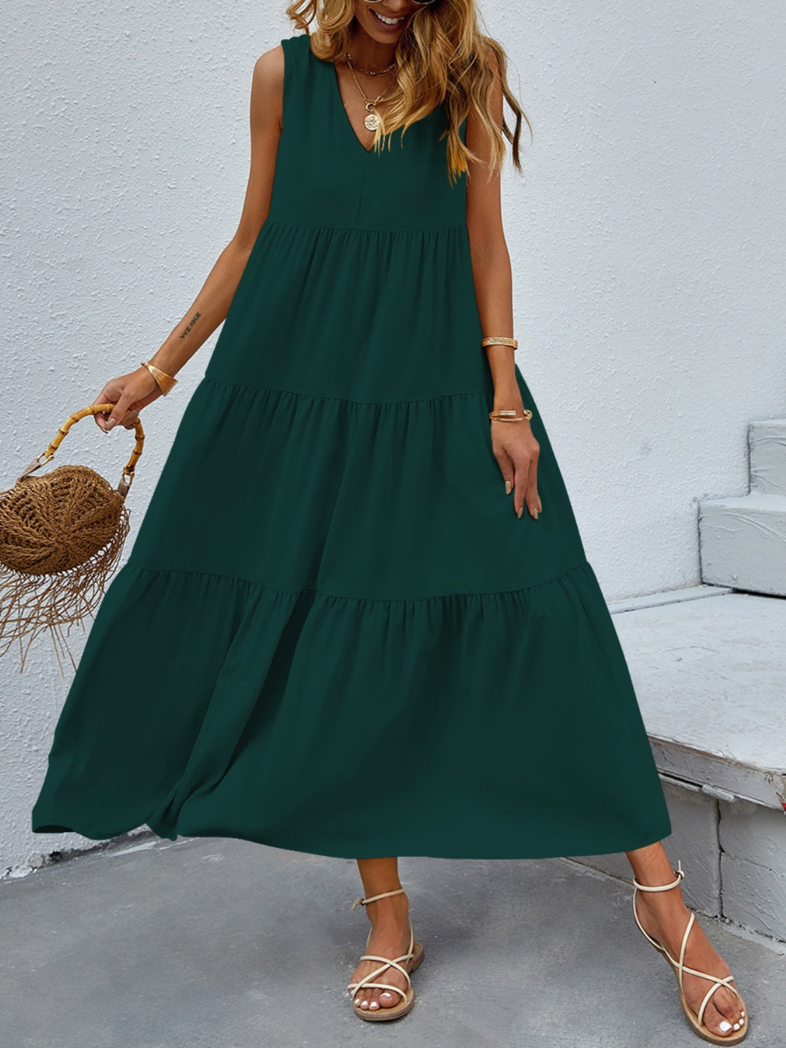 Tiered V-Neck Sleeve Dress BLUE ZONE PLANET