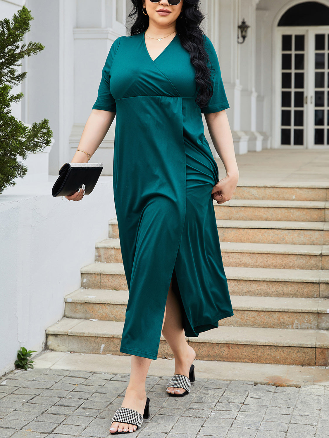 Blue Zone Planet | Plus Size Slit Surplice Short Sleeve Midi Dress BLUE ZONE PLANET