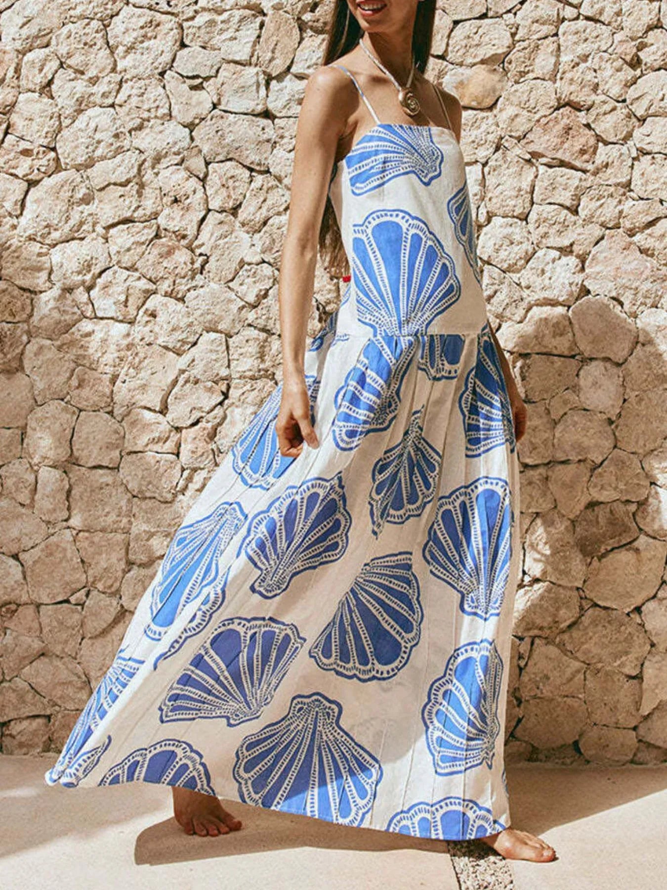 Seashell Print Maxi Cami Dress Light Blue / L by Blue Zone Planet