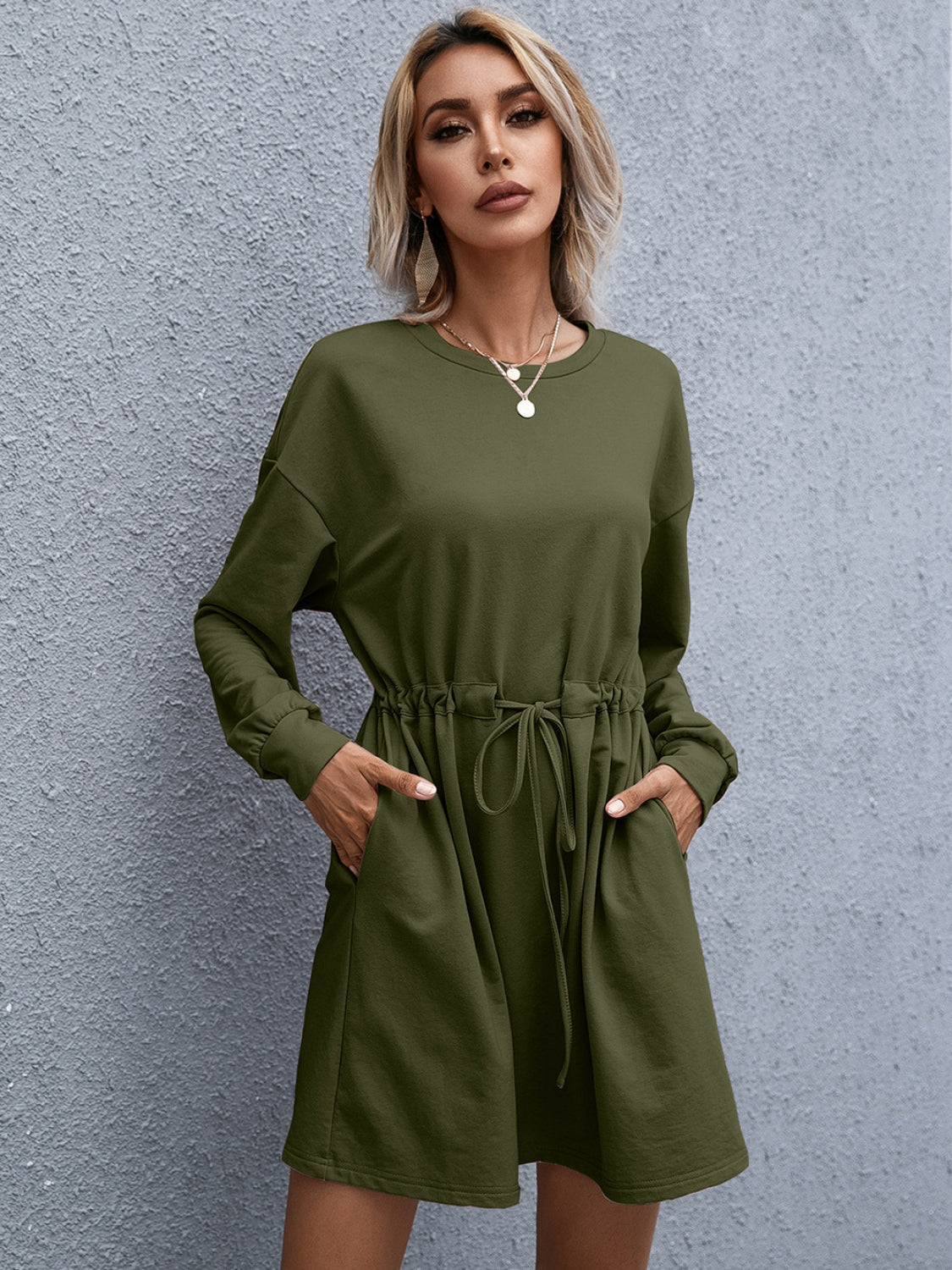 Blue Zone Planet | Drawstring Round Neck Dropped Shoulder Mini Dress BLUE ZONE PLANET