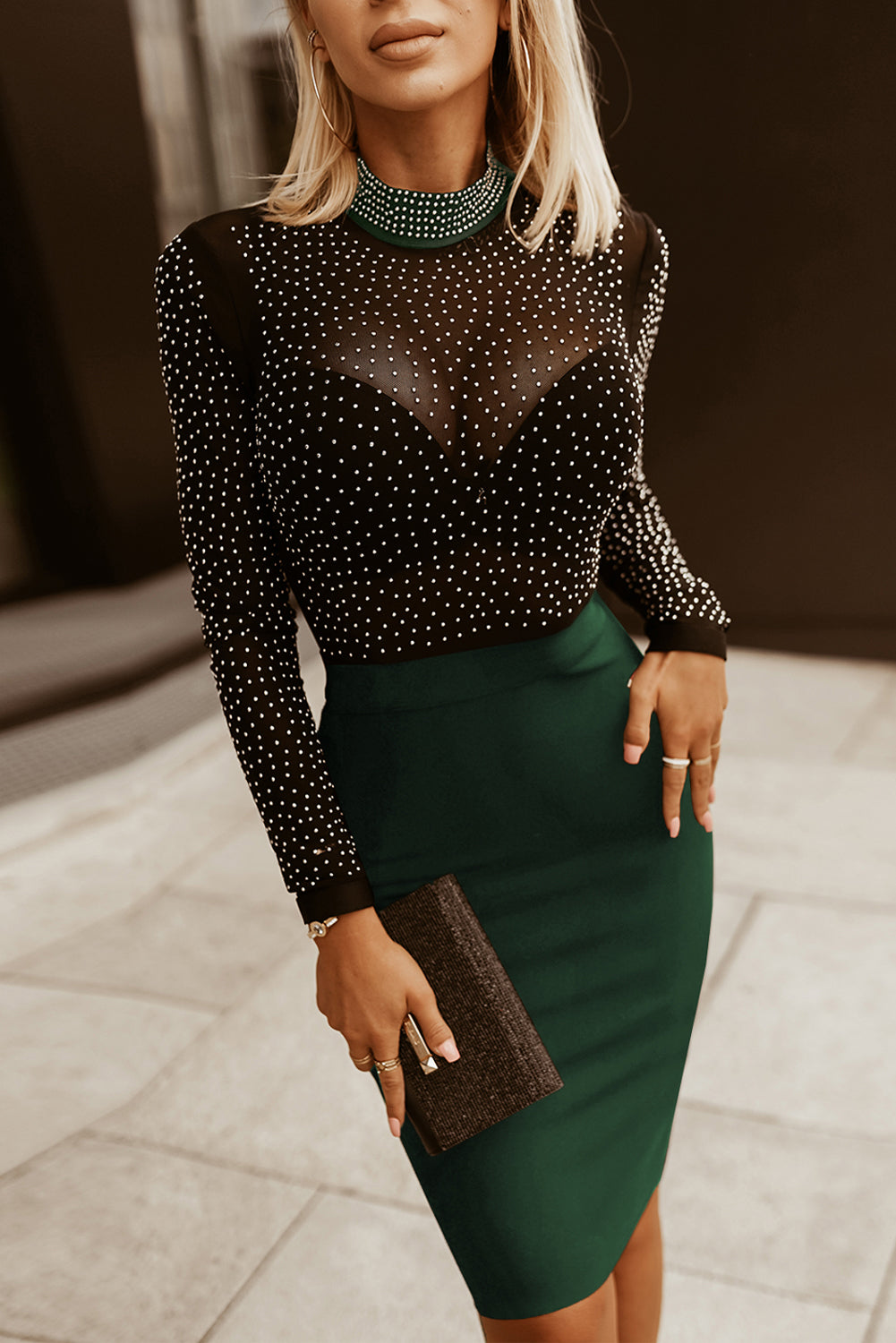 Rhinestone Mock Neck Long Sleeve Dress BLUE ZONE PLANET