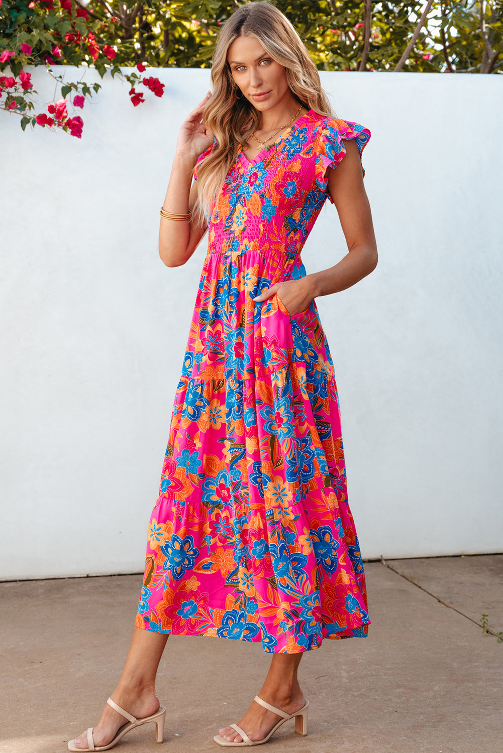 Blue Zone Planet | Dark Blue Boho Floral V Neck Ruffle Tiered Long Dress Blue Zone Planet
