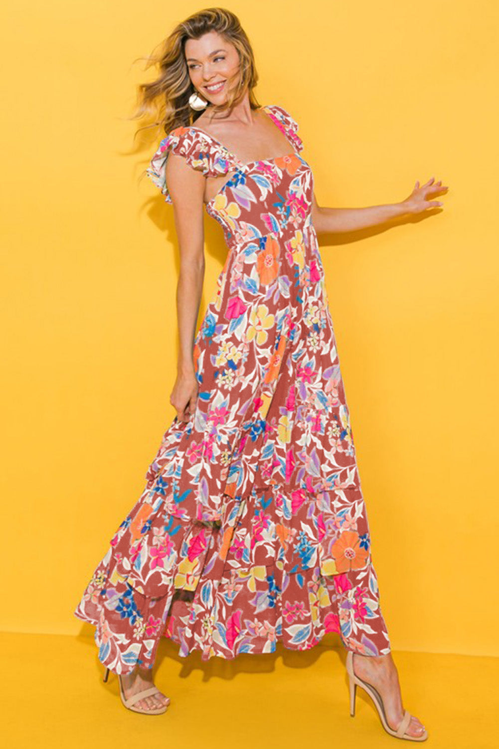 Pink Floral Print Sleeveless Ruffle Tiered Maxi Dress Blue Zone Planet
