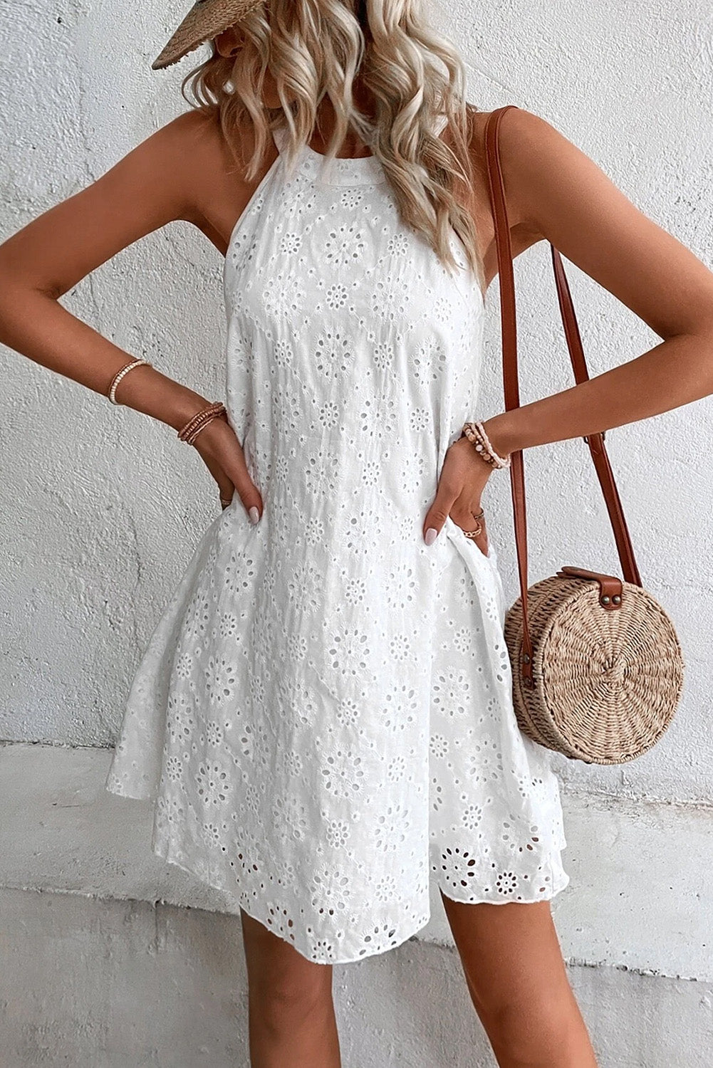 Blue Zone Planet | White Boho Eyelet Pattern Halter Neck Sleeveless Dress Blue Zone Planet